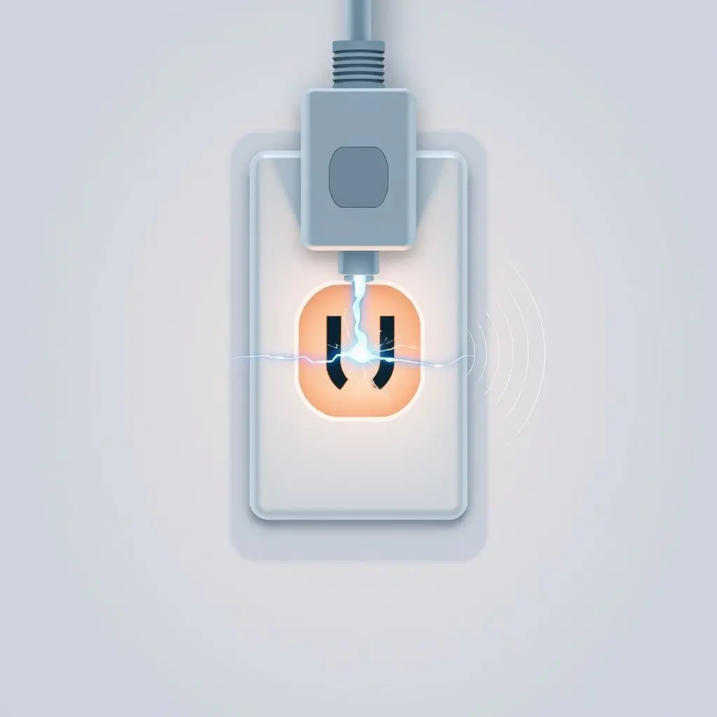Illustration of a plug being inserted into a socket, with a tiny, momentary blue-white electrical arc shown at the contact point, accompanied by subtle sound wave animations emanating from it.