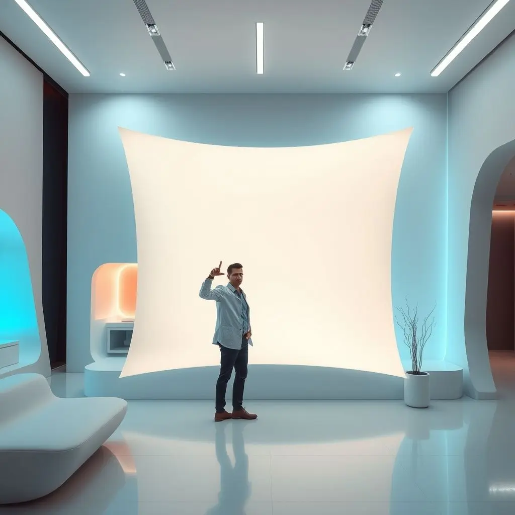 An architect or interior designer discussing flexible e-paper wall technology in a futuristic design studio, highlighting its thin and adaptable nature.