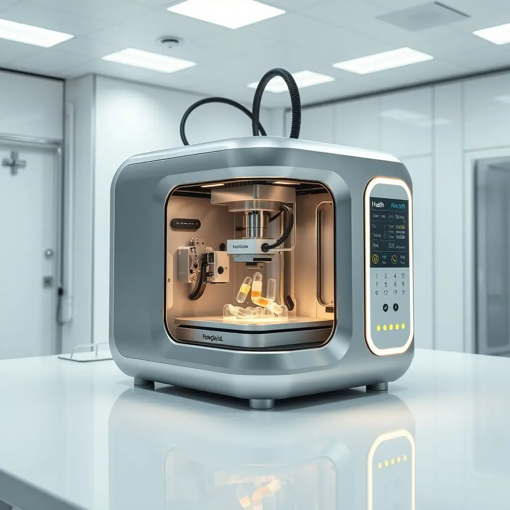 Future Medicine 3D Printing Device Futuristic 3D printer in a clean, high-tech medical environment, actively printing personalized medicine