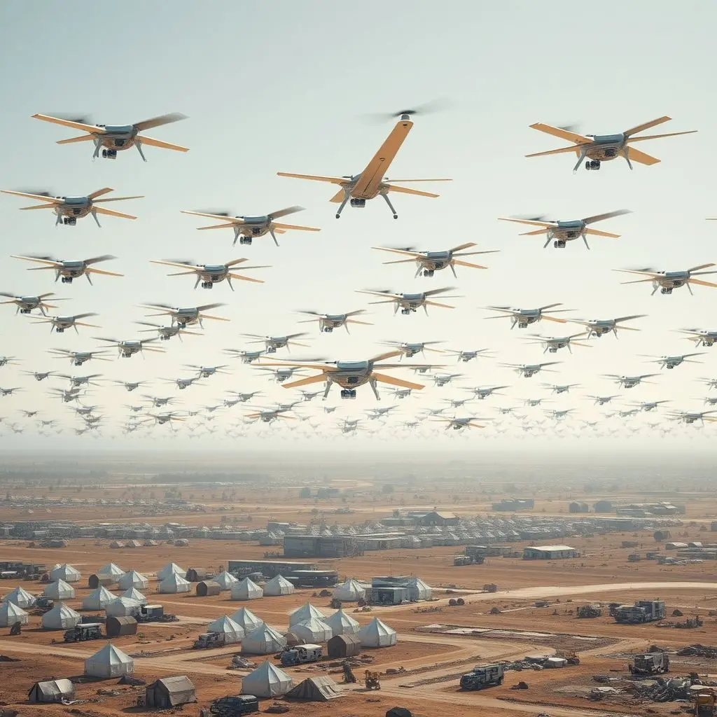 Futuristic concept of many disposable drones flying in formation to deliver humanitarian aid