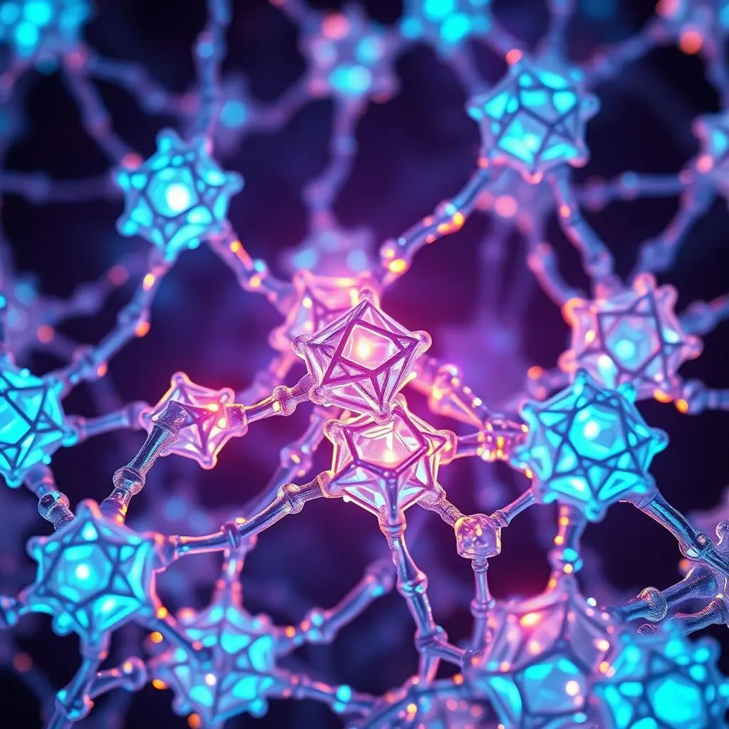 Abstract, futuristic representation of advanced ceramic materials at a microscopic or molecular level, showing interconnected crystalline structures glowing with energy, symbolizing strength and innovation.