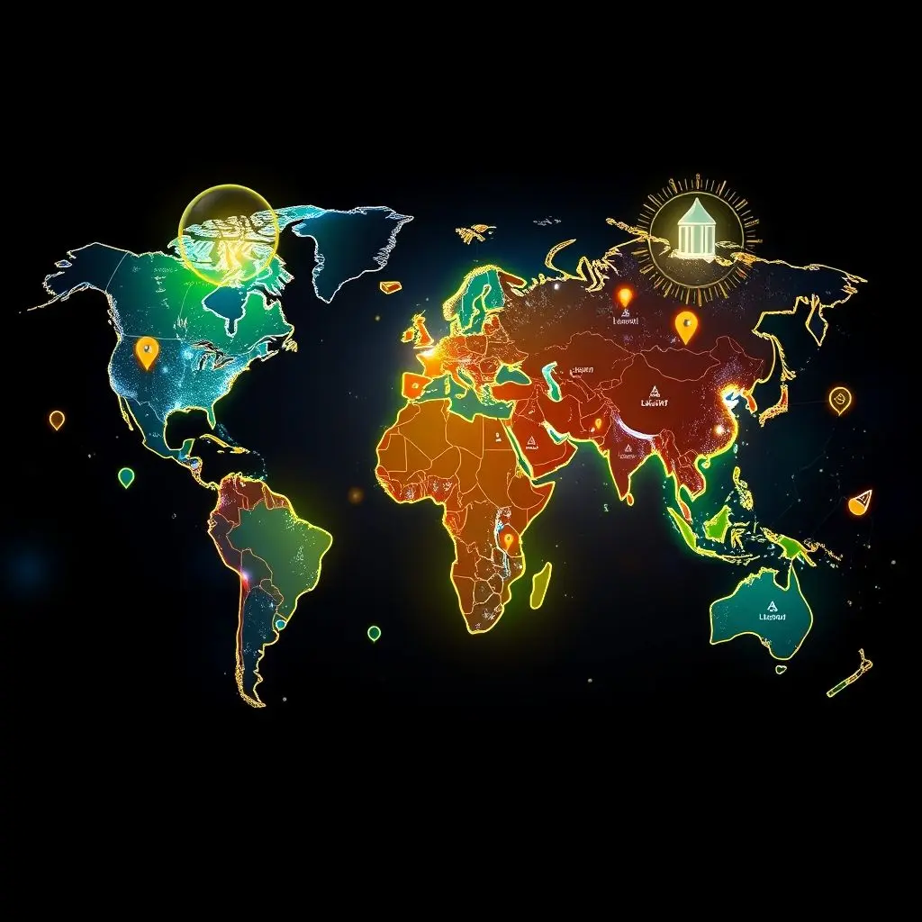 Global map showing interconnected tech icons and water droplets representing the worldwide race for affordable water purification technology.