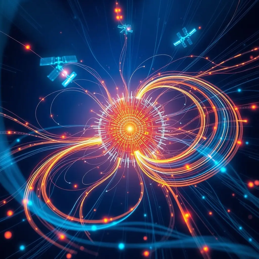 Abstract visualization of global weather data flowing into a central supercomputer, representing various data sources like satellites and ground sensors.