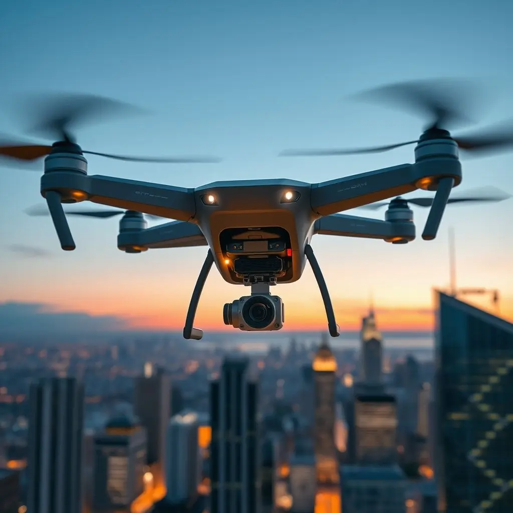 Sleek graffiti-detecting drone flying over a modern city skyline at dusk, showcasing urban tech in action.
