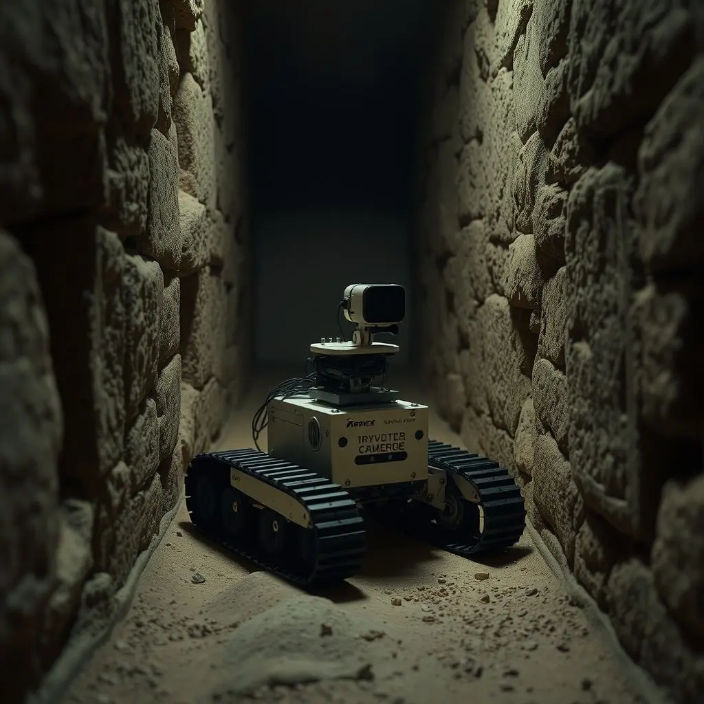 Small robot with tracks navigating a tight, dimly lit ancient tunnel