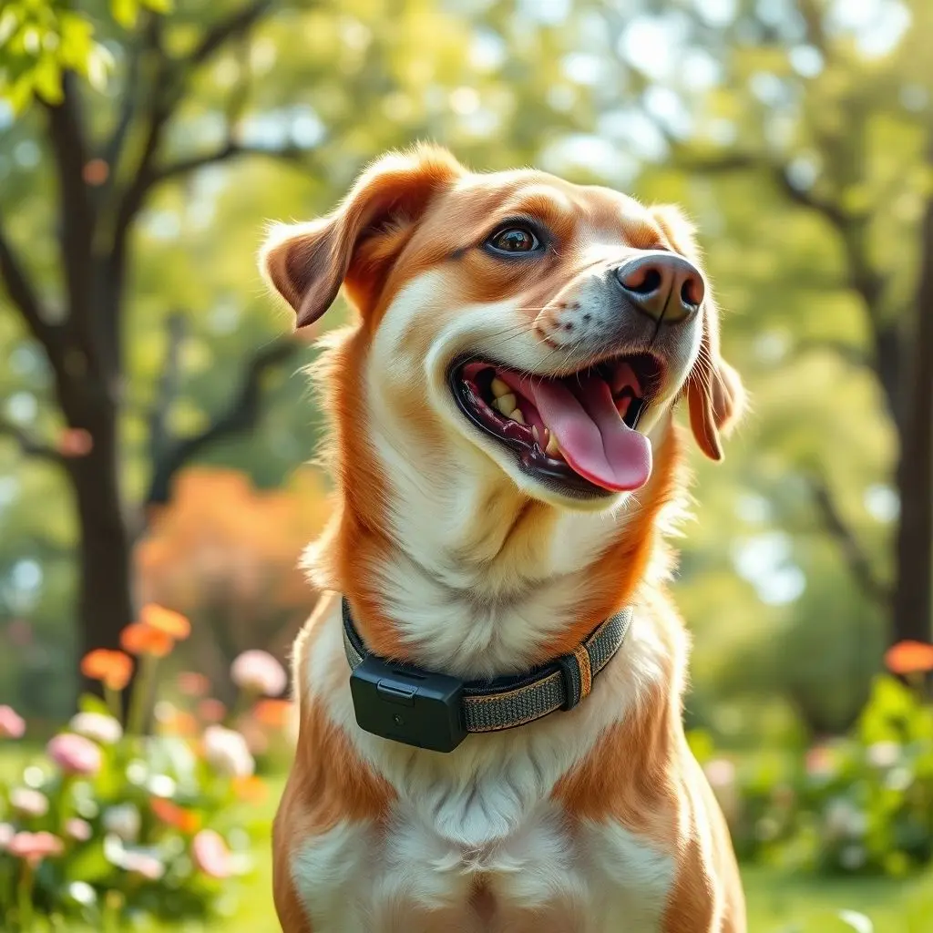 A happy, healthy dog wearing a smart collar, symbolizing advanced GPS tracking and pet safety.