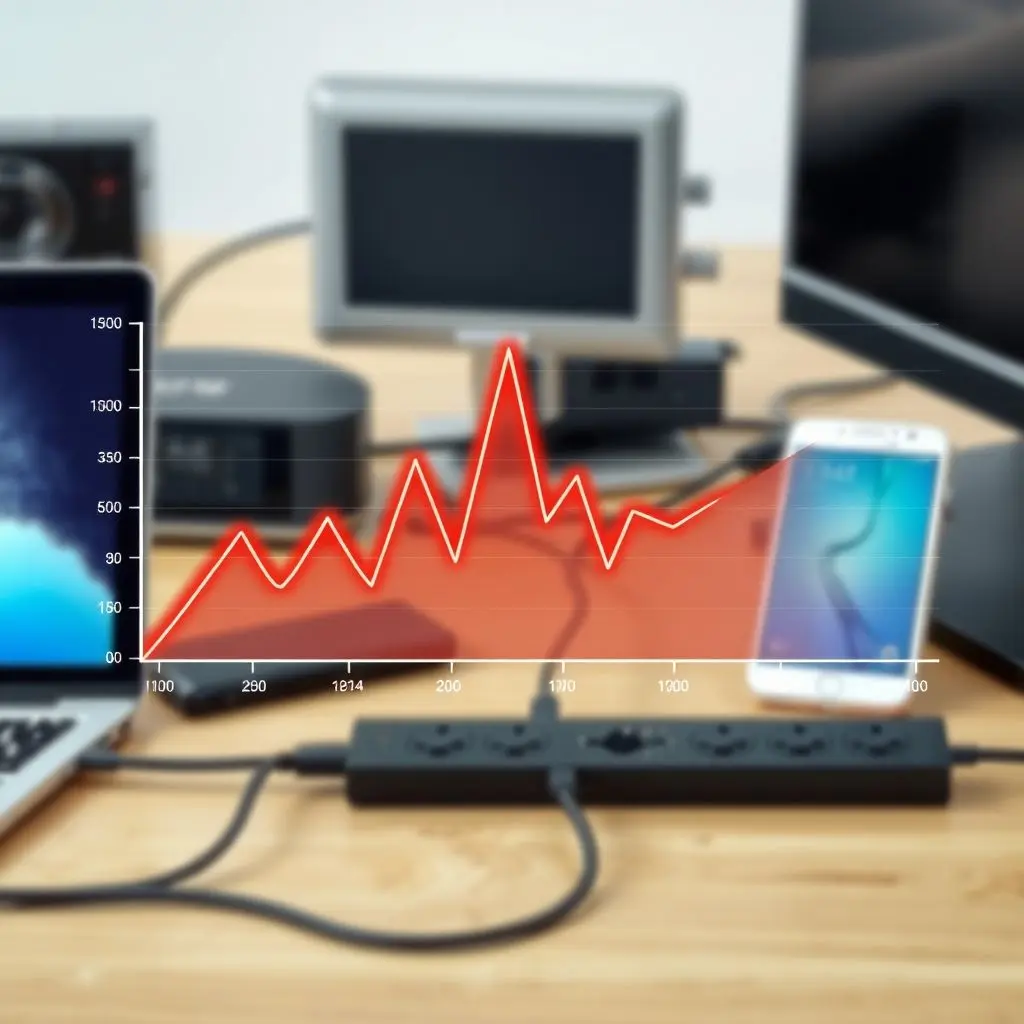 A dynamic graph showing a sharp, high spike in current at the very beginning of a timeline, quickly stabilizing to a lower, steady level. The graph is overlaid on a blurred image background of various electronic devices plugged into a power strip.