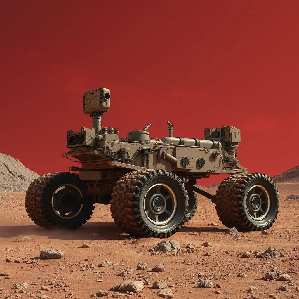 A Mars rover traversing a dusty, rocky Martian landscape, with subtle highlighted areas on its wheels and instrument casings indicating advanced ceramic components for durability.