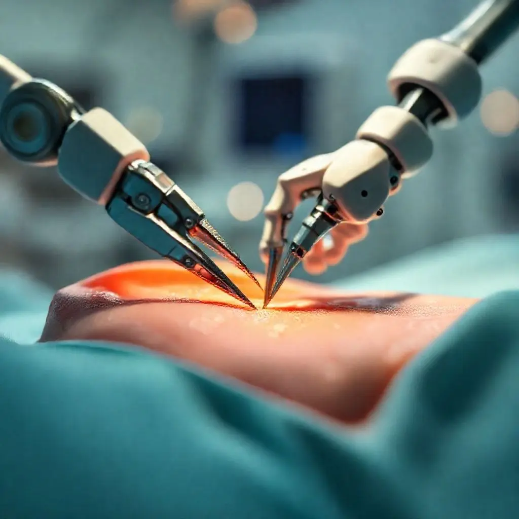 Close-up of tiny, sophisticated robotic surgical instruments with articulated "wrists" performing a delicate task on a simulated tissue model. Emphasize the precision and small scale. Background should be blurred medical environment.