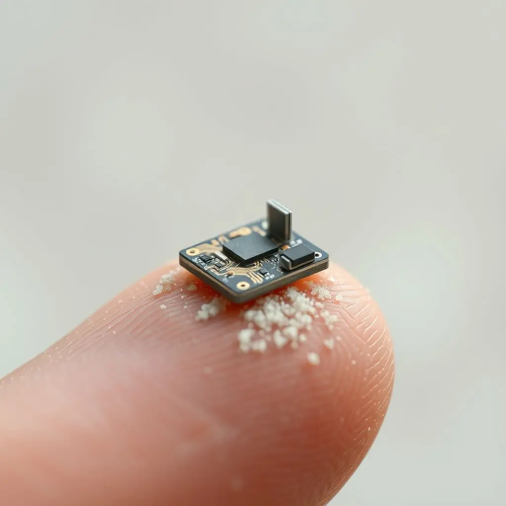 Macro shot of a single 'Smart Dust' sensor, appearing as a sophisticated, intricate speck of technology on a fingertip for scale, showing micro-circuitry and tiny antennae.