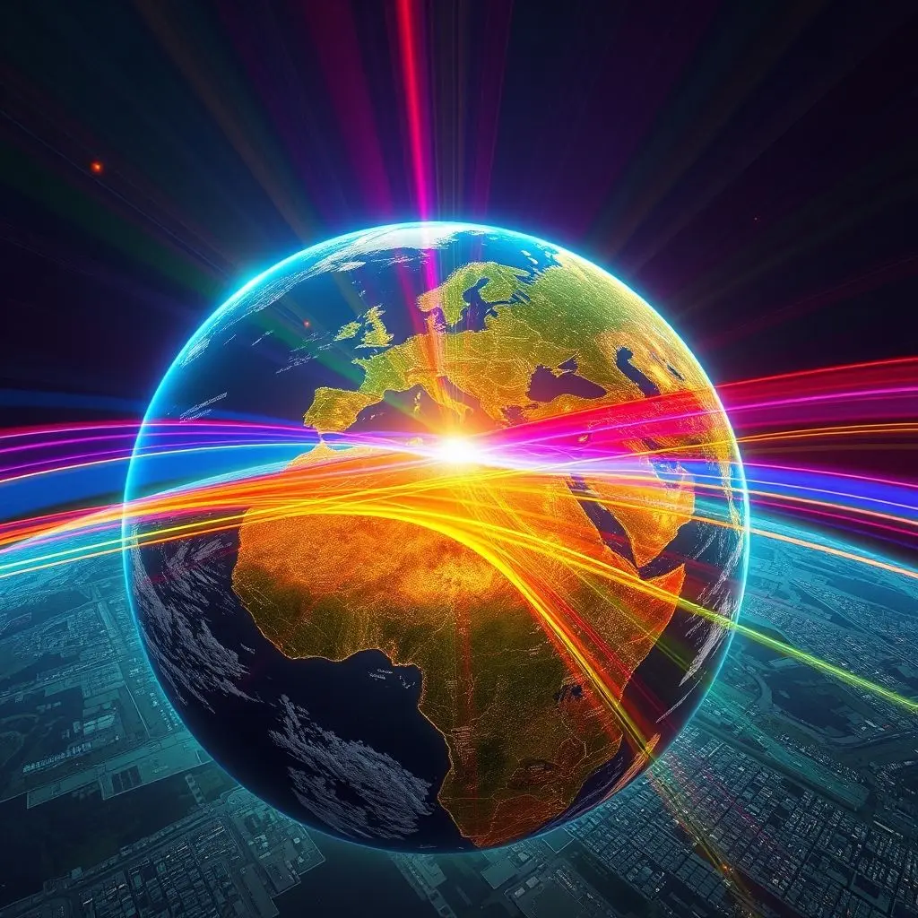 Abstract representation of light spectrums showing visible, infrared, and ultraviolet waves interacting with Earth's surface elements.