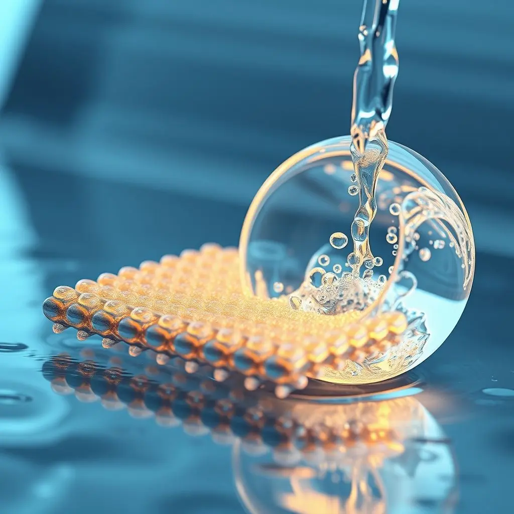 Magnified view of a nanomembrane filtering water, showing tiny pores separating impurities.