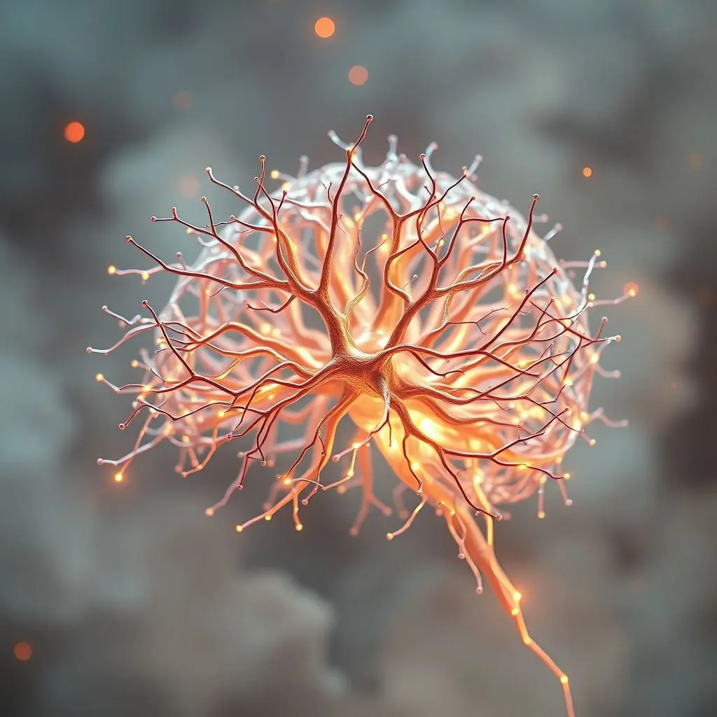Artistic representation of a brain organoid or neuron cluster glowing with electrical impulses.