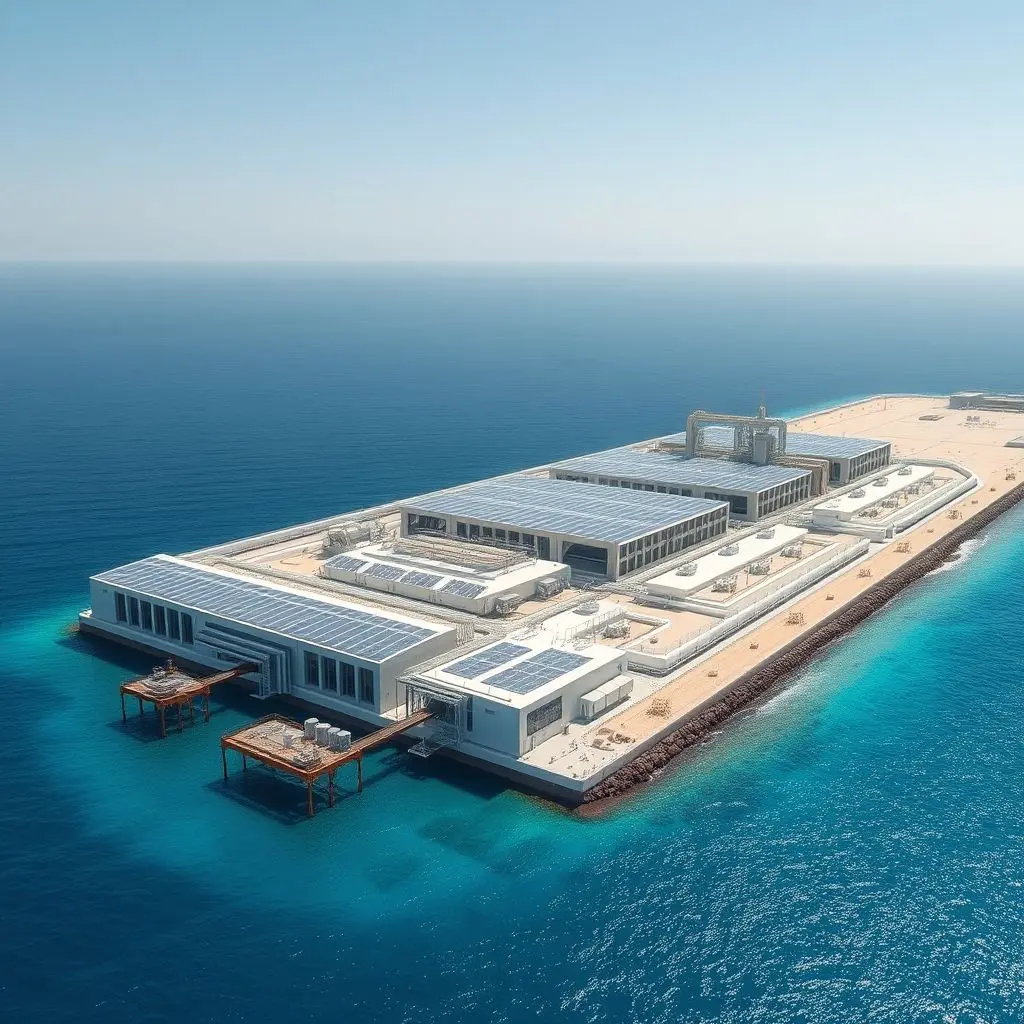 Futuristic desalination plant by the ocean, integrated with solar panels and modern architecture.