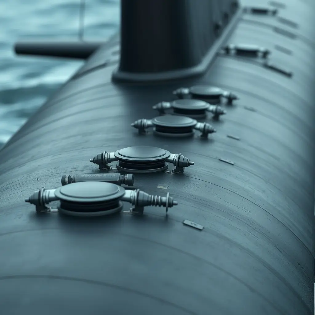 Close-up of a submarine's hull showing multiple highly sensitive hydrophones arranged in an array, designed for passive listening. The image emphasizes the intricate sensor technology.