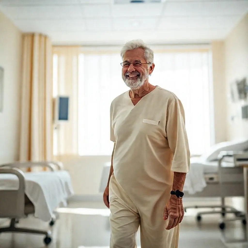 A hospital room, calm and bright, with a patient smiling and already moving about, implying quick recovery after robotic surgery. Emphasize comfort and readiness to leave.