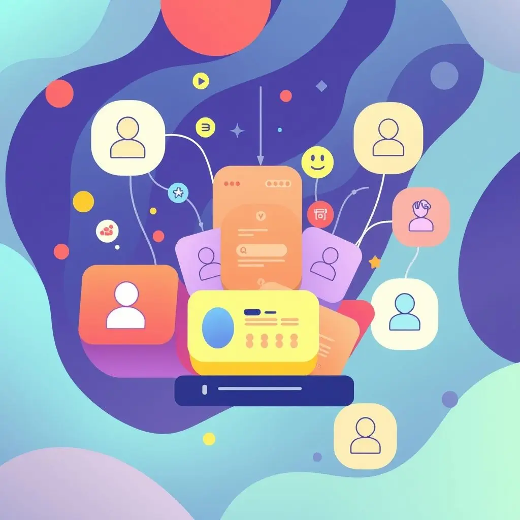 An abstract illustration showing content going through a filter and emerging as personalized recommendations, with icons representing genres and user preferences.