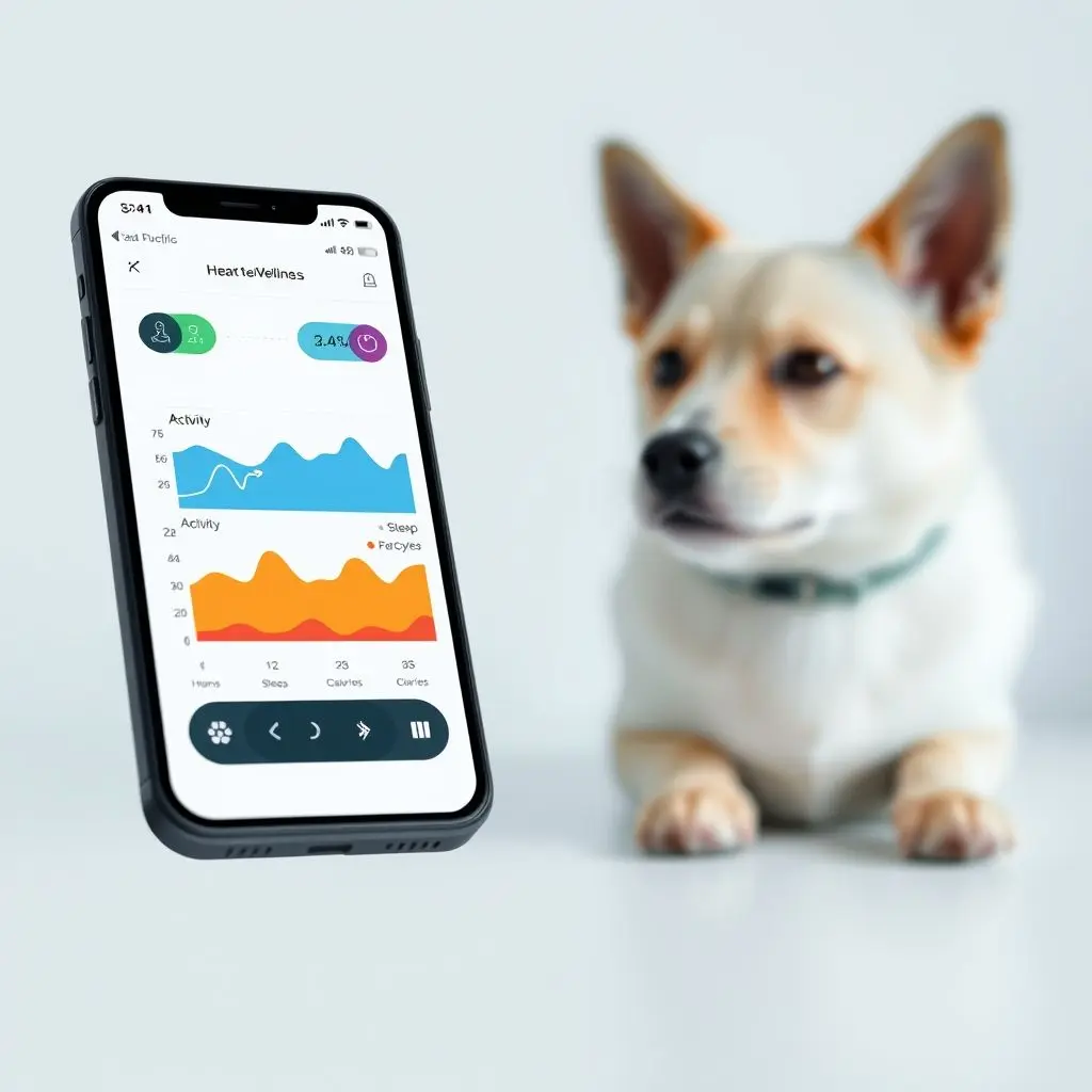 A smartphone displaying an app with pet health data: heart rate, activity levels, and sleep patterns from a smart collar.