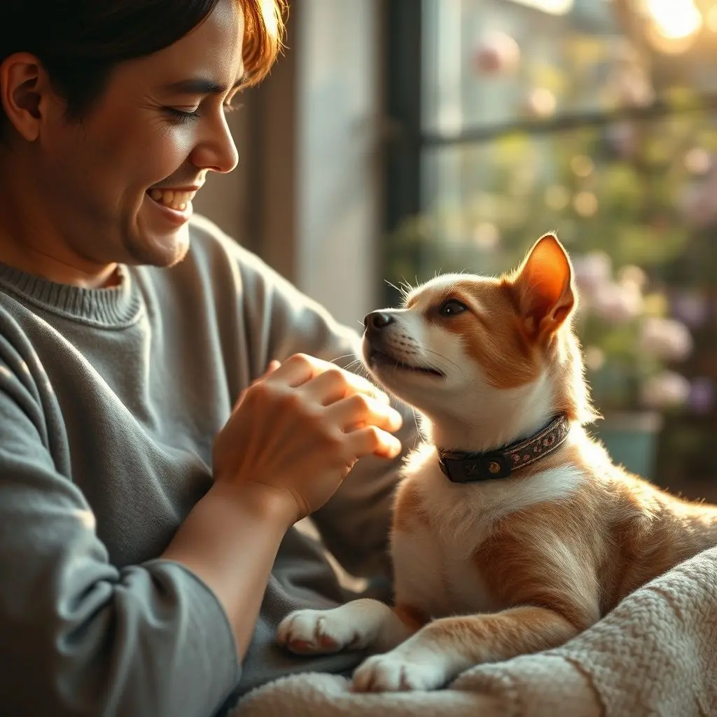 A pet parent gently petting their dog wearing a smart collar, conveying peace of mind and the bond enhanced by technology.