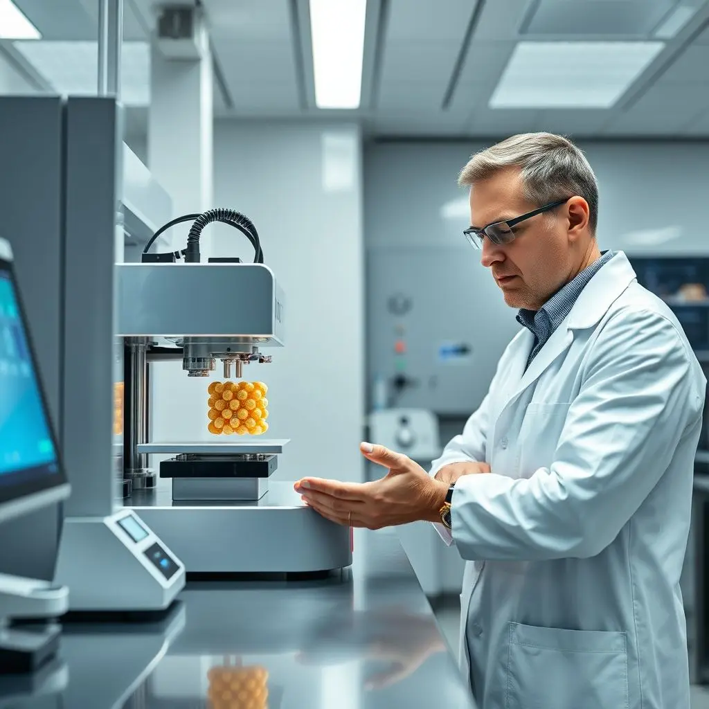 Pharmacist 3D Printing Personalized Pill Pharmacist or scientist using a 3D printer to create a customized pill in a laboratory setting