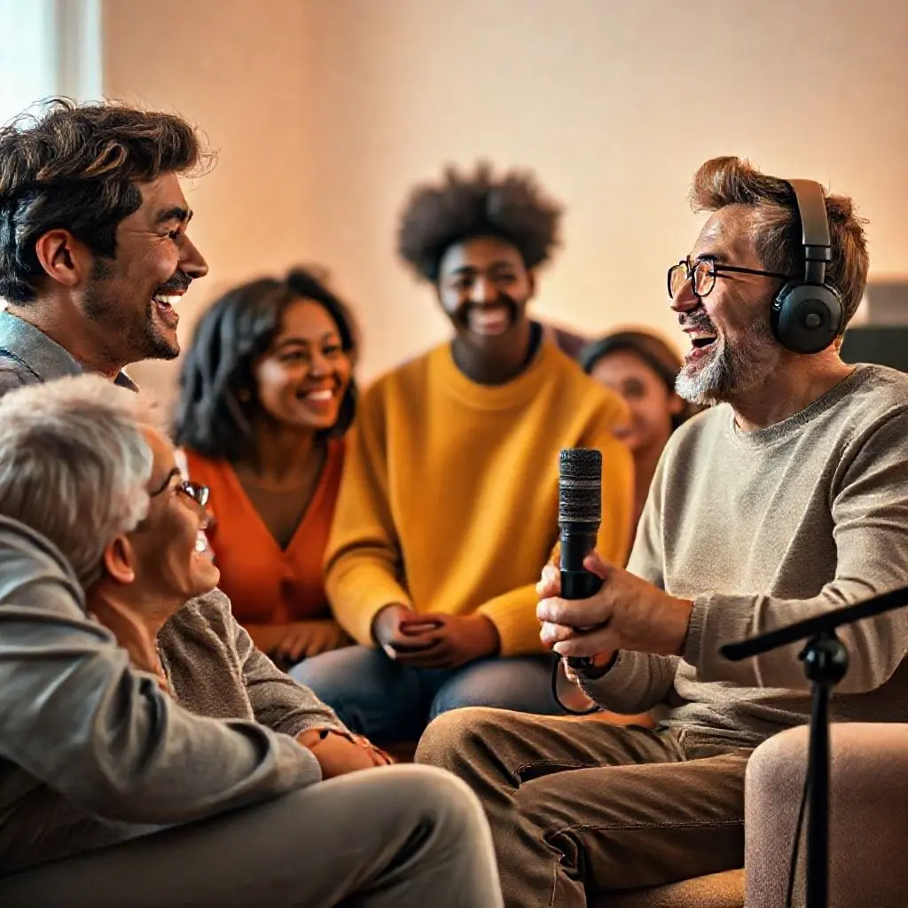 Diverse people benefiting from positive deepfake audio applications like voice assistants and content creation.