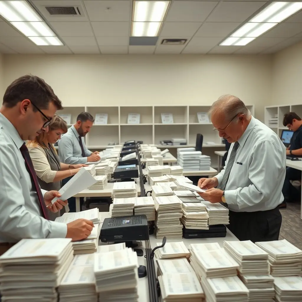 The Rigor of Post-Election Audits and Vote Verification Election officials meticulously counting paper ballots by hand, verifying them against digital tallies during a post-election audit