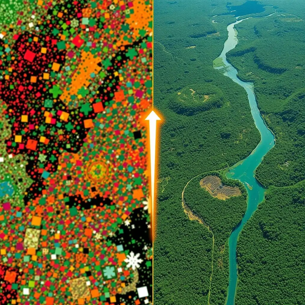 Split image showing raw satellite data transforming into a geometrically corrected and color-calibrated, clear, vibrant image of a landscape.