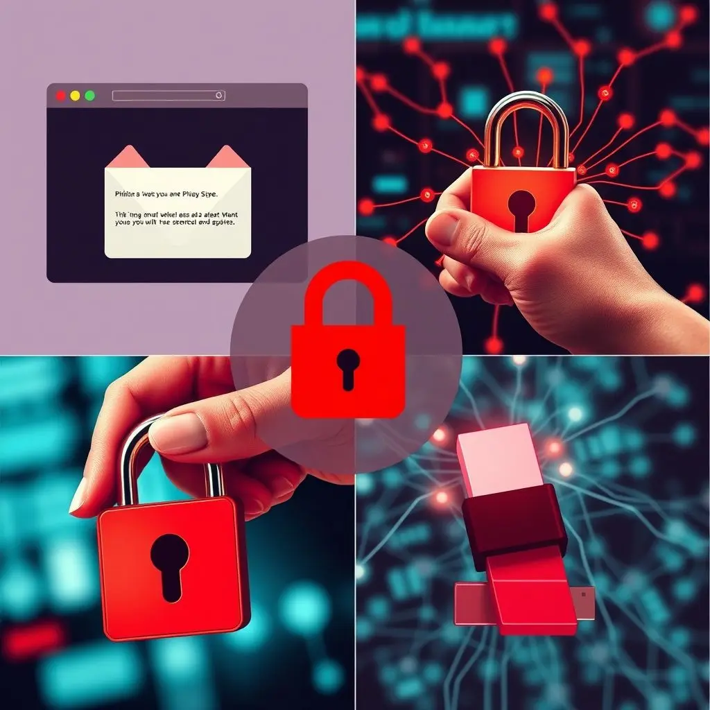 Various attack vectors like phishing emails, physical locks, and network diagrams illustrating Red Team tactics