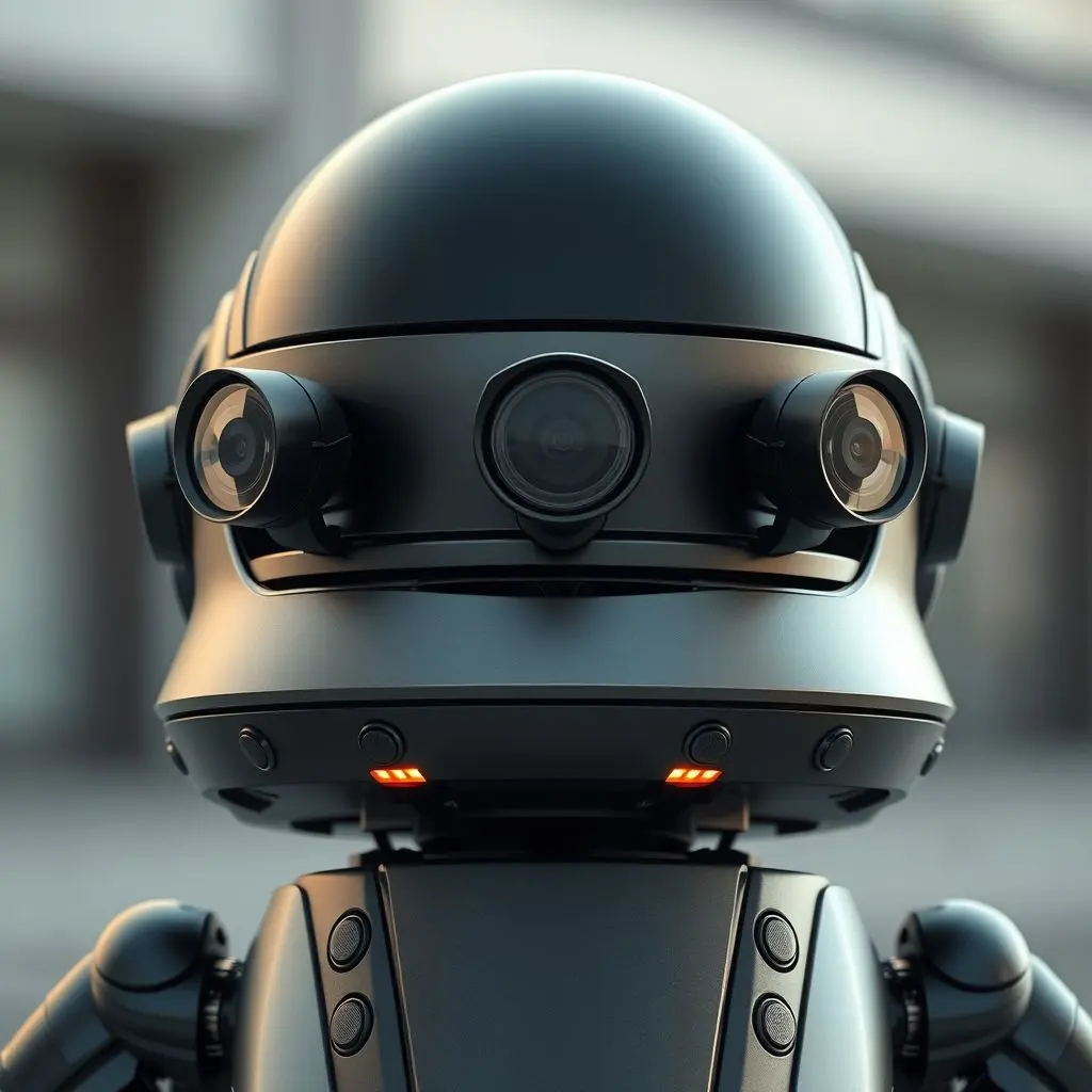 A sleek delivery robot with various sensors highlighted: a rotating LiDAR unit on top, multiple high-resolution cameras embedded around its body, and several small ultrasonic sensors mounted near the bottom edges.