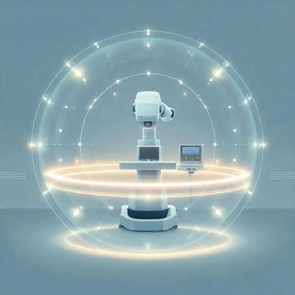 A futuristic, conceptual depiction of a "digital shield" or a "safety net" surrounding a robotic surgical setup, symbolizing the multiple layers of safety protocols, surgeon expertise, and technological safeguards. Abstract and clean.