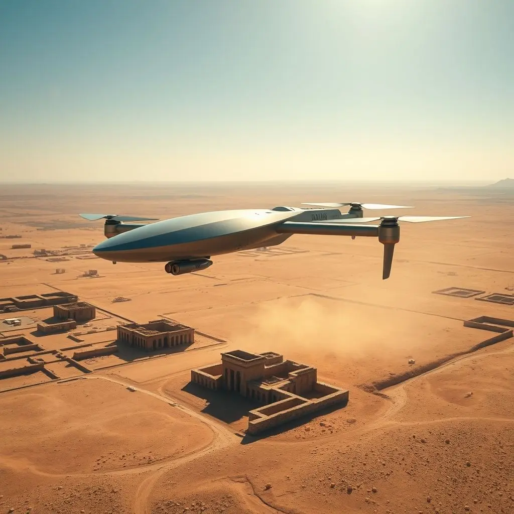 Sleek drone surveying an arid archaeological site with ancient outlines