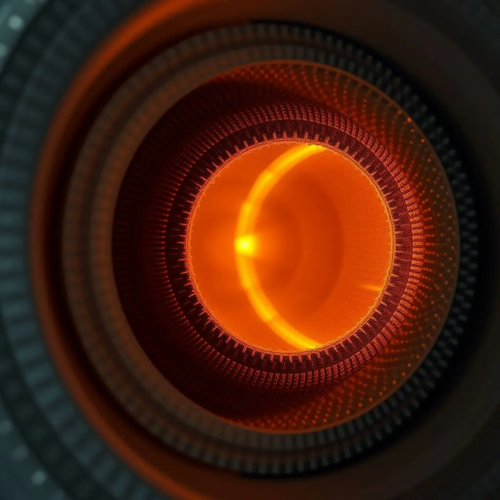 Close-up detailed view of a rocket engine nozzle, showing the intricate, layered structure of ceramic matrix composites designed to withstand extreme heat and pressure.