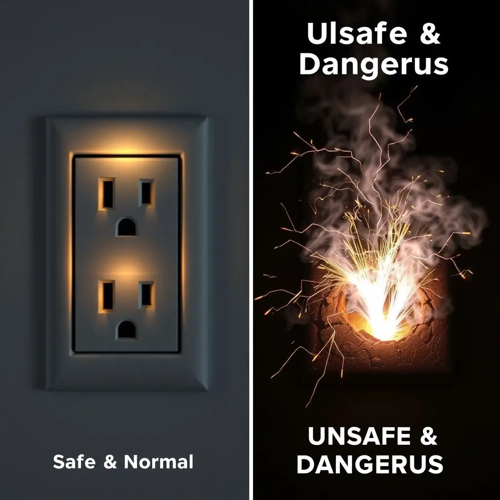 Two contrasting images: one illustrating a normal, brief, small electrical pop at a plug insertion point labeled 'Safe & Normal,' and the other depicting continuous, large sparks with visible smoke coming from a damaged outlet labeled 'Unsafe & Dangerous.'