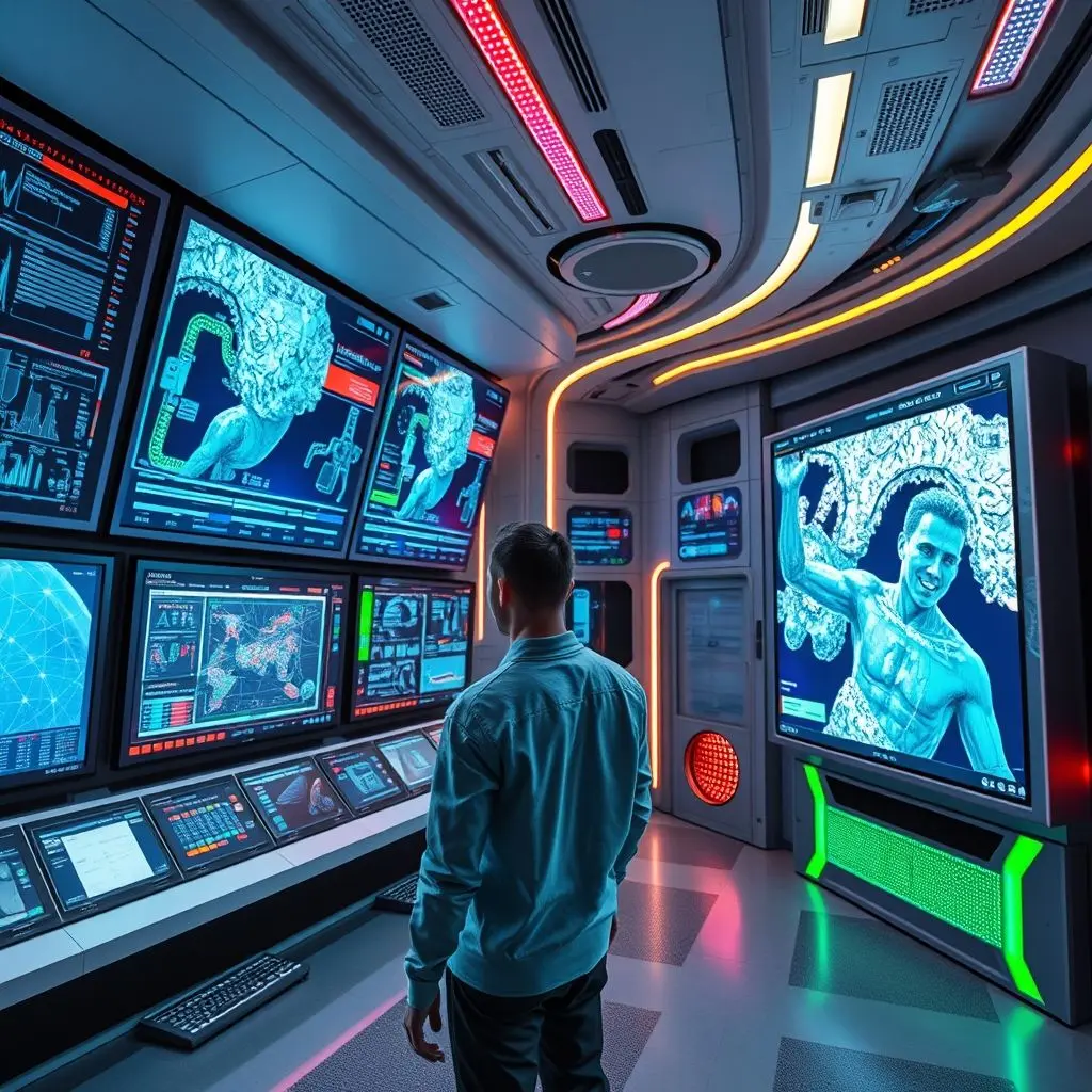 High-tech control room with screens displaying complex algorithms, data visualizations, and mosaic stitching of satellite images.