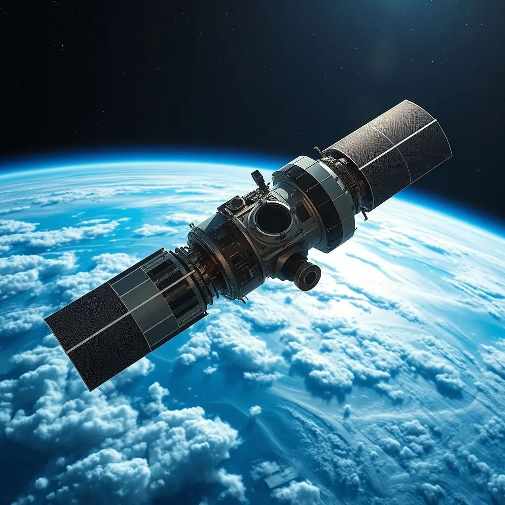 Futuristic Earth observation satellite with multi-spectral and hyperspectral sensors orbiting a vibrant blue Earth.