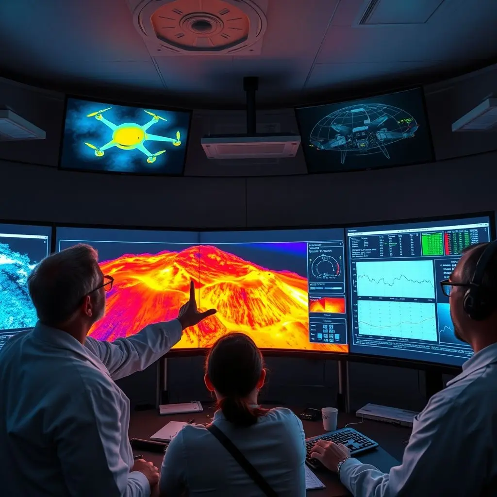 Scientists in a control room analyzing real-time data streams from volcano drones on large monitor screens.