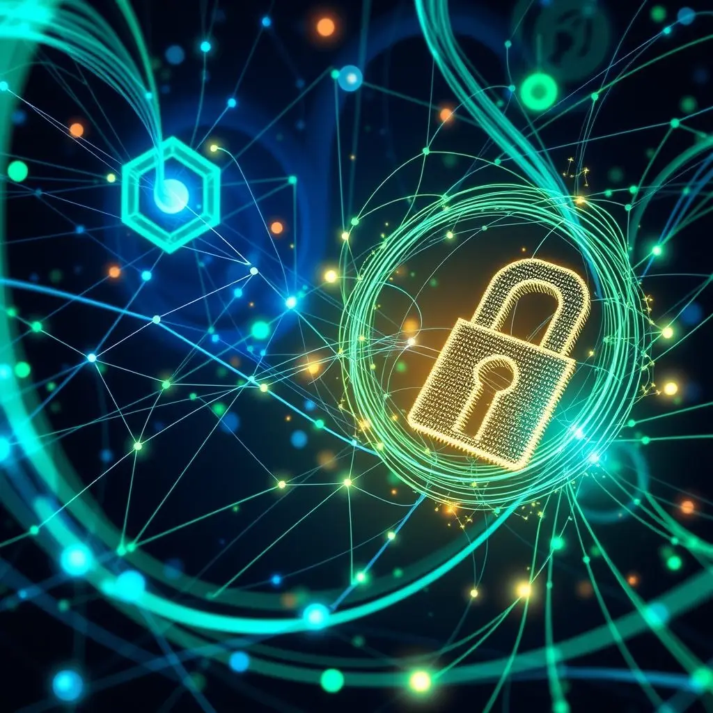 Dynamic visual representation of data encryption, showing complex algorithms transforming clear data into scrambled, protected code, with abstract lines and shapes suggesting secure communication.