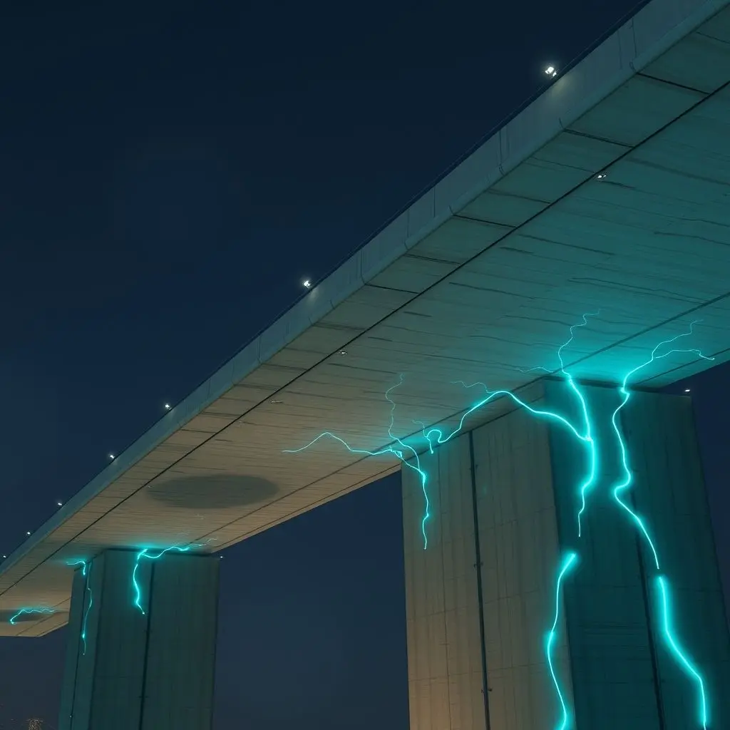Conceptual image of microscopic smart dust sensors embedded within the concrete of a large bridge, with faint glowing lines illustrating data collection and analysis about the structure's integrity.