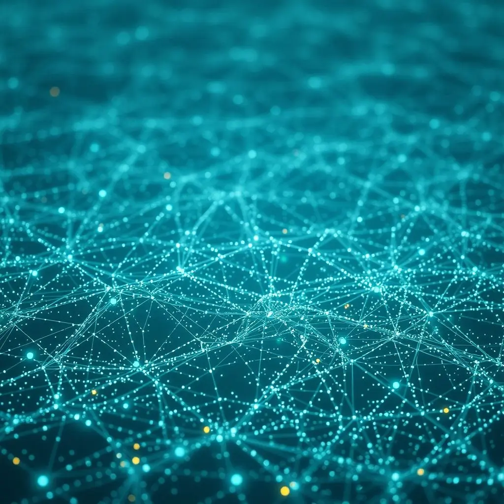 Conceptual image of a vast wireless network of extremely tiny, glowing smart dust sensor particles floating in air and on surfaces, wirelessly communicating and radiating data lines.