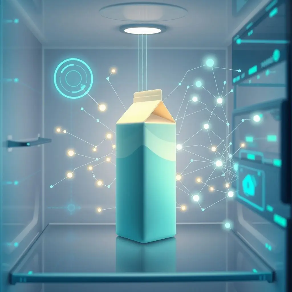 An abstract representation of computer vision processing inside a smart fridge. Show a milk carton (or generic food item) being analyzed by glowing lines and data points, with an overlay of a neural network or AI interface. The image should convey data analysis and object recognition.