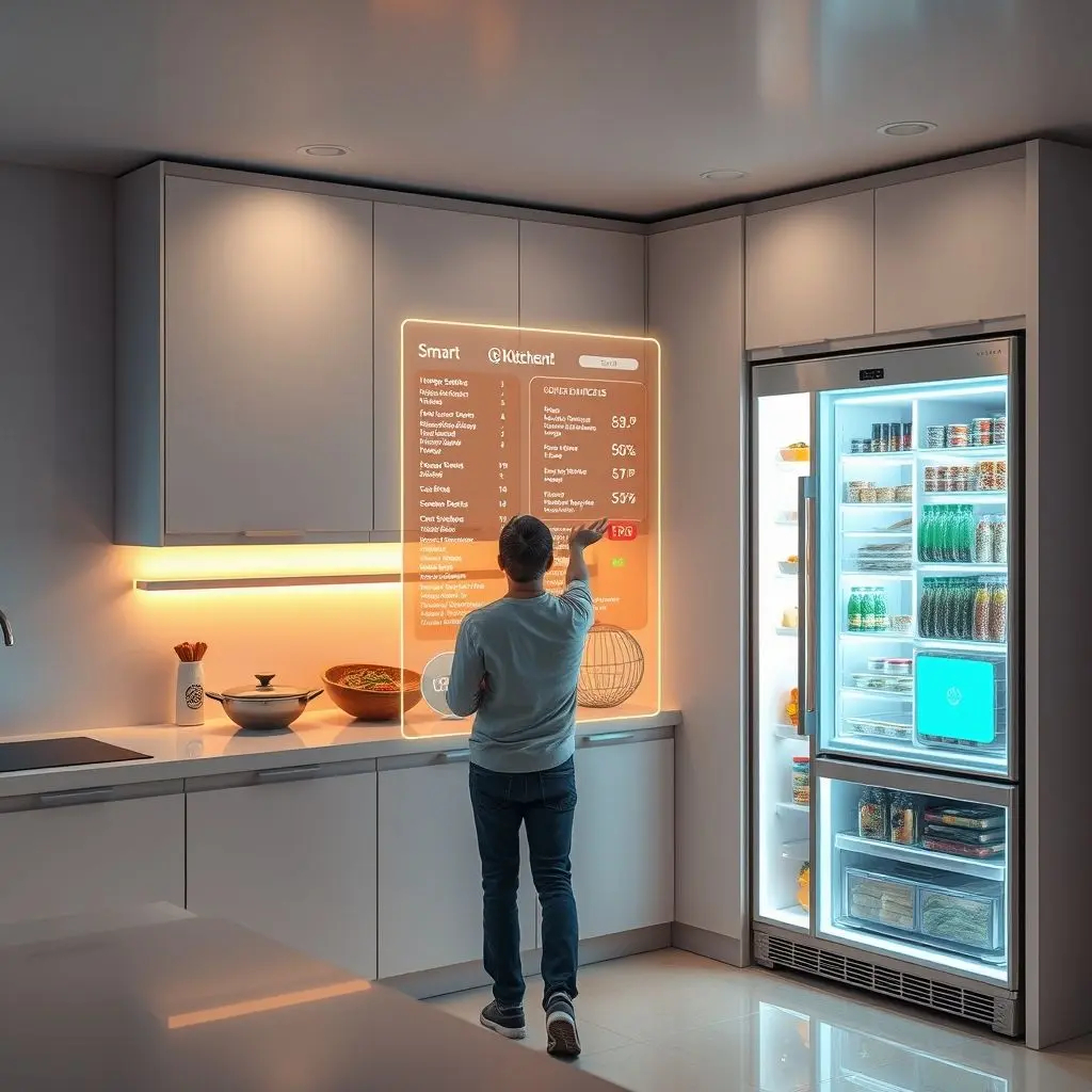 A futuristic concept of a smart kitchen, with a person interacting with a holographic display showing a detailed grocery list, seamlessly integrated with a smart refrigerator. Emphasize smart home connectivity and predictive shopping.
