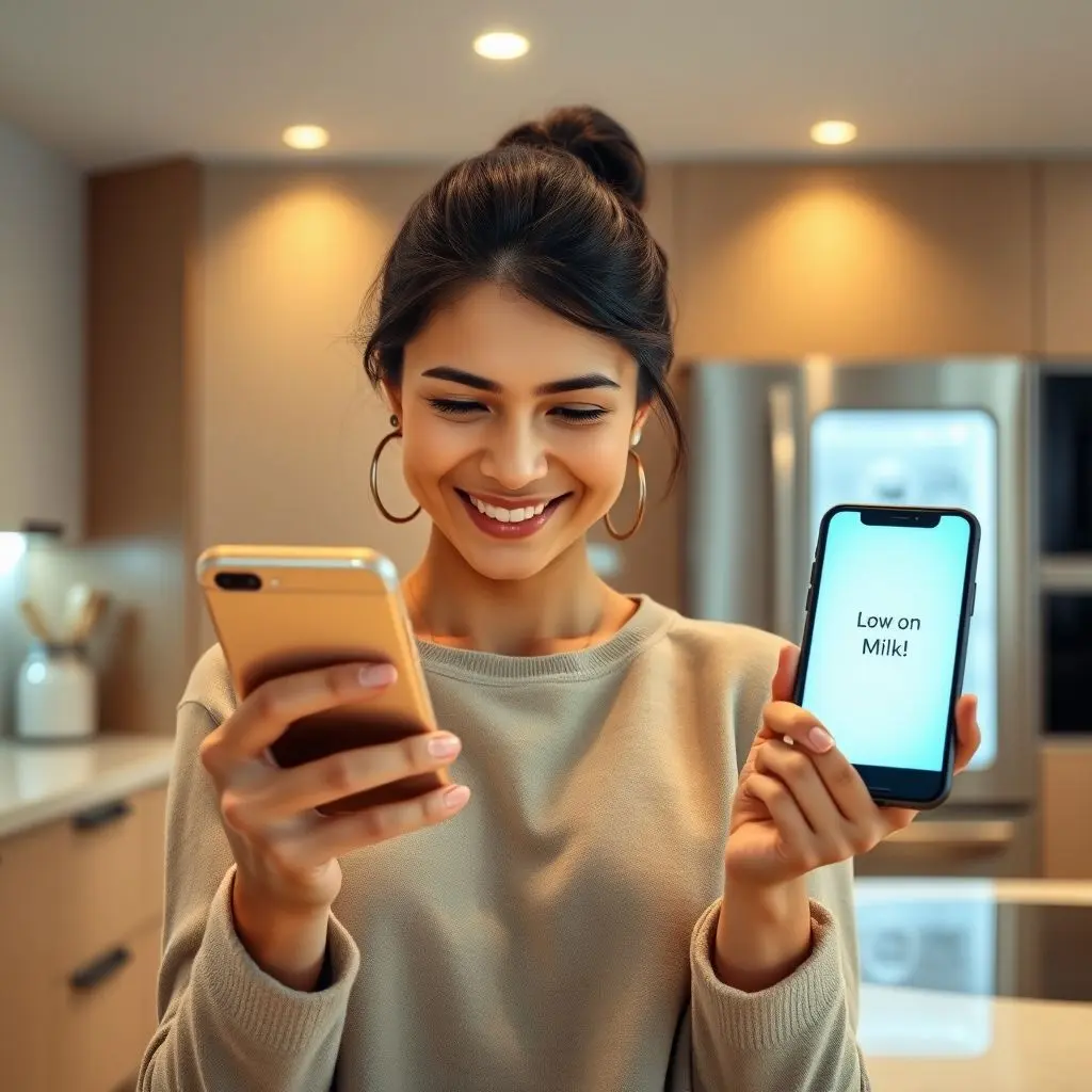 A person looking at their smartphone, which displays a notification from a smart fridge saying 'Low on Milk!'. In the background, a modern kitchen with a smart fridge. The person should look relieved or satisfied.