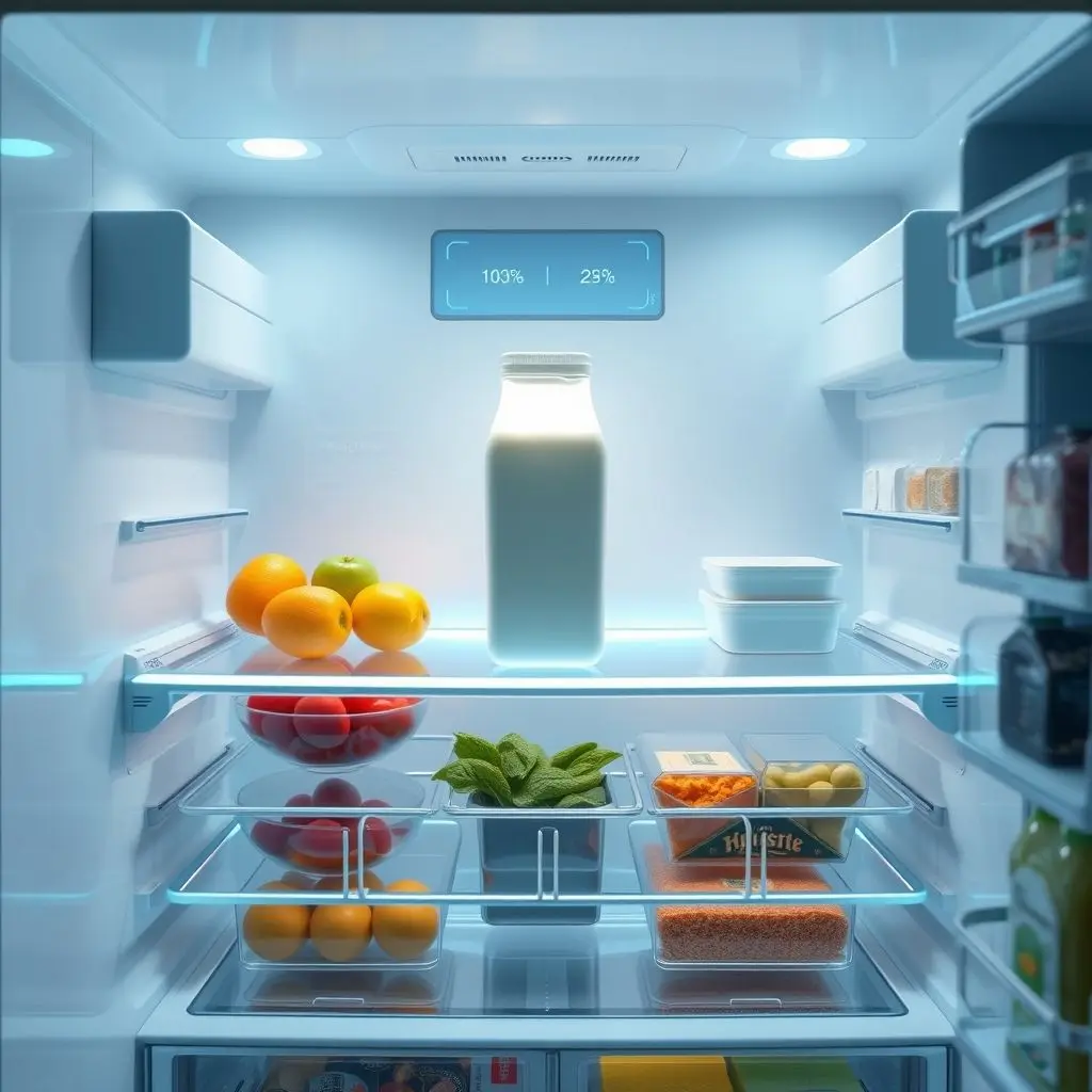 A sleek, modern smart refrigerator interior, showing a milk carton on a glowing shelf with subtle digital indicators, emphasizing weight sensing technology. The fridge interior should be clean and futuristic, with various food items.