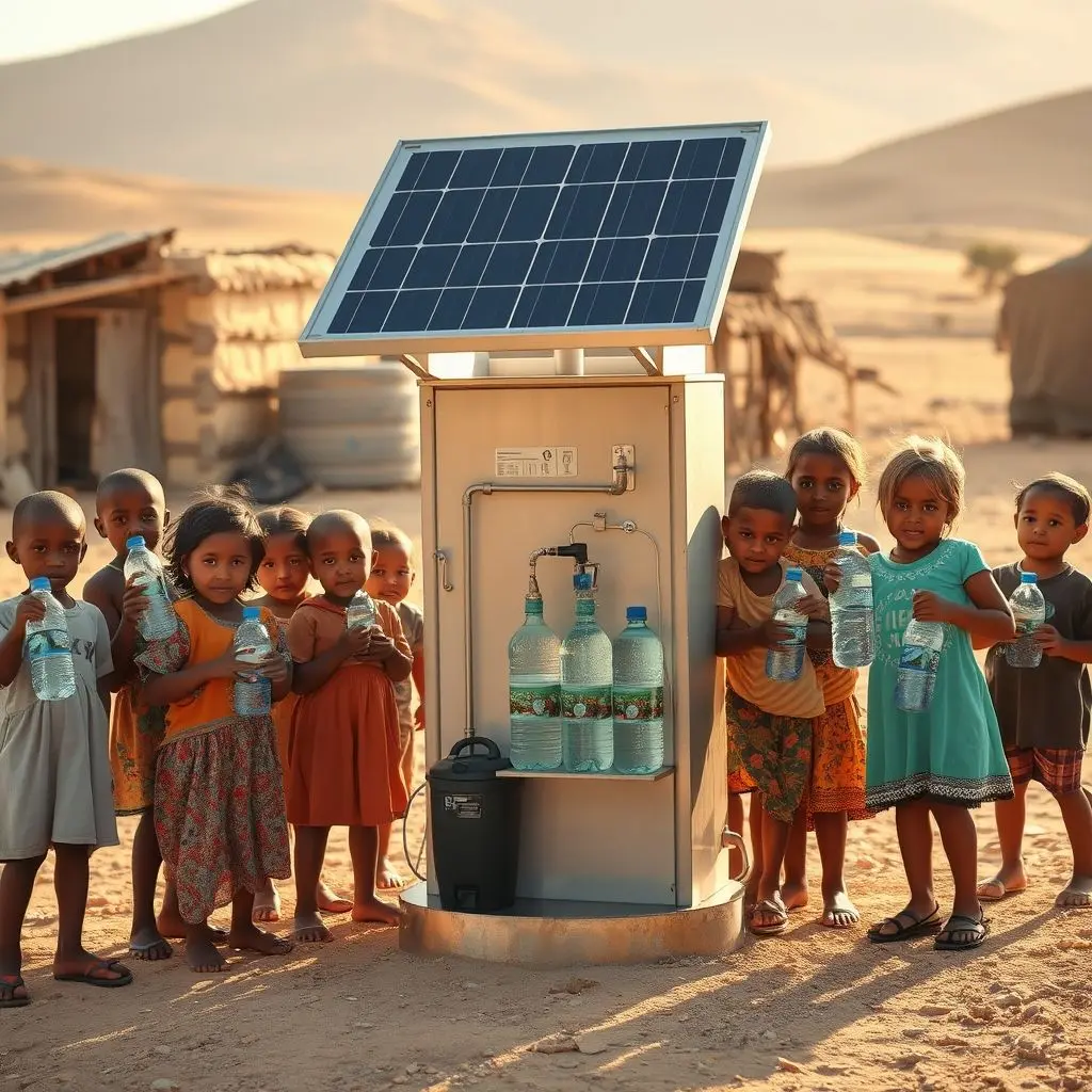 Simple solar-powered water purification unit in a remote village, children happily collecting clean water.