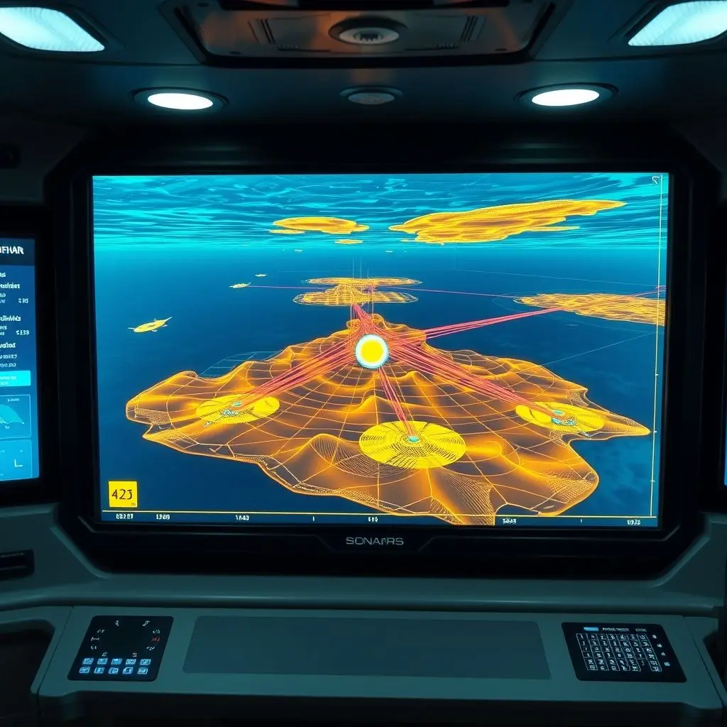 A high-tech sonar display screen inside a submarine, showing a real-time 3D topographical map of the underwater environment, with detected objects marked and sound paths illustrated.