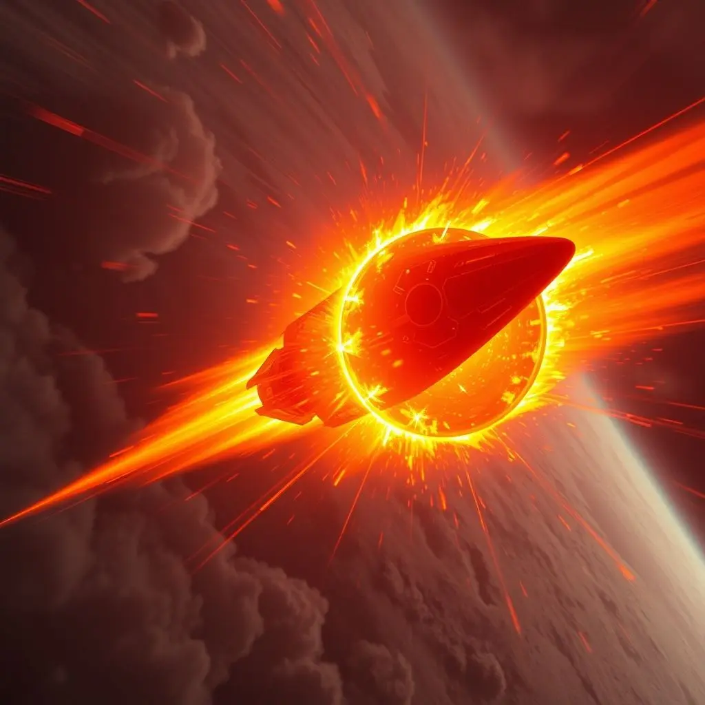 A spacecraft re-entering Earth's atmosphere, glowing fiercely with orange and red plasma, showcasing the ceramic heat shield absorbing the extreme heat.