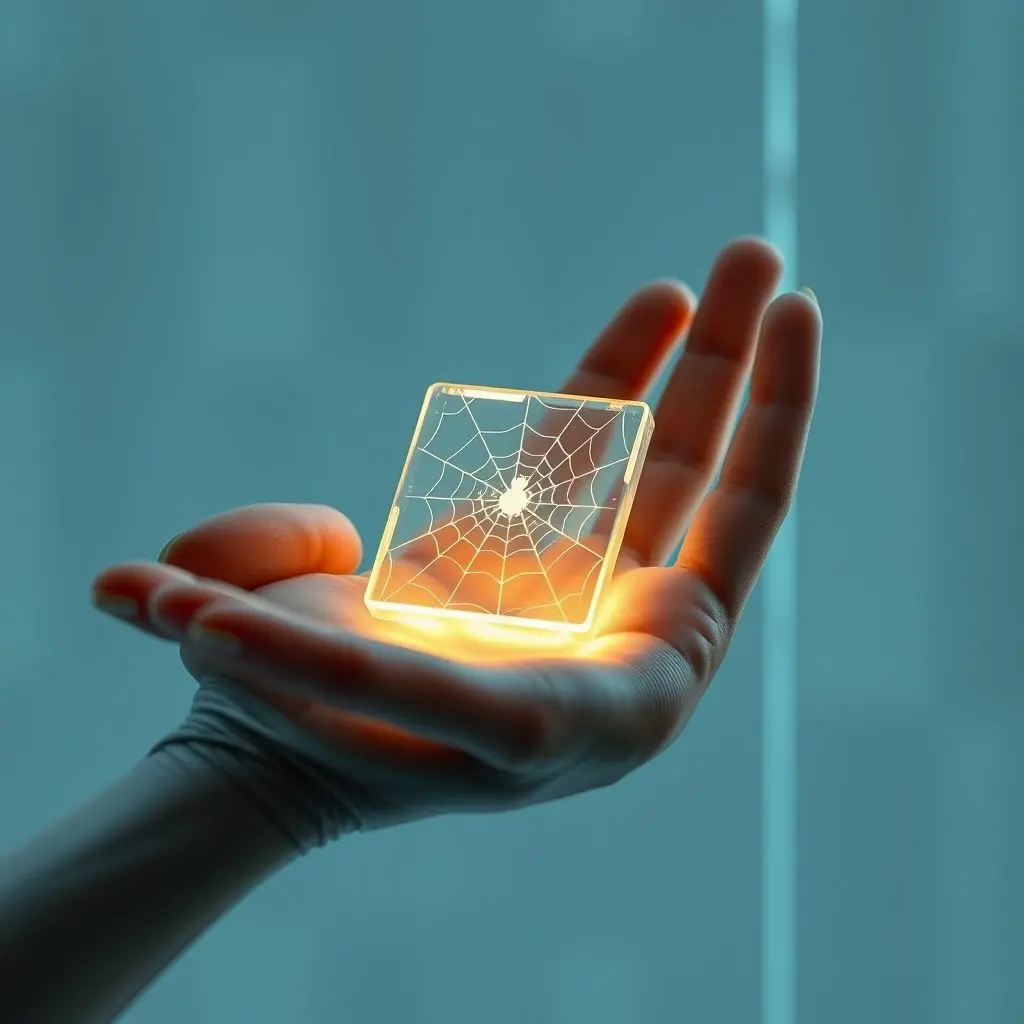 A futuristic hand holding a microchip with a stylized spider web design, symbolizing biomimicry