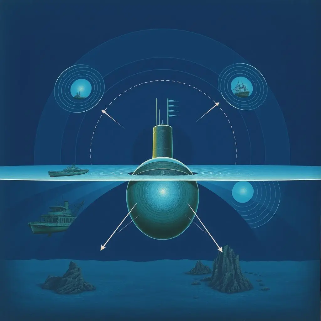 A depiction of a submarine emitting sound waves (pings) from its bow, with the waves bouncing off underwater obstacles and returning as echoes. The sound waves are shown as concentric rings expanding from the submarine.