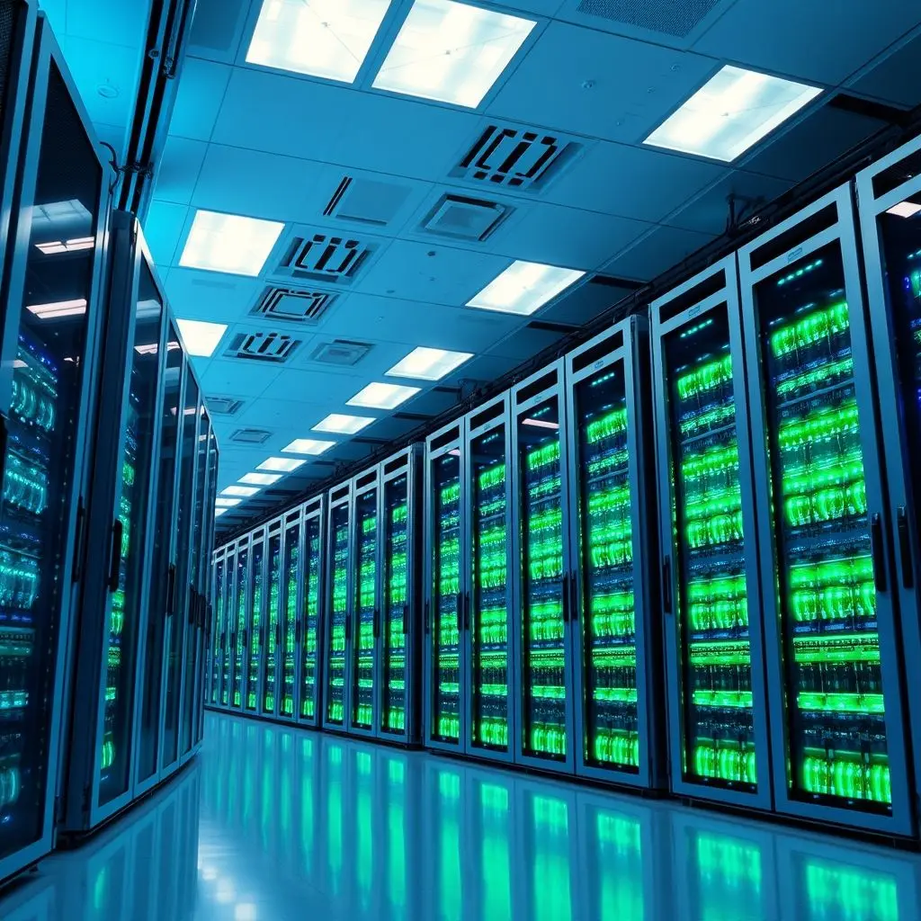 Massive supercomputer servers glowing in a data center, representing weather prediction capabilities.