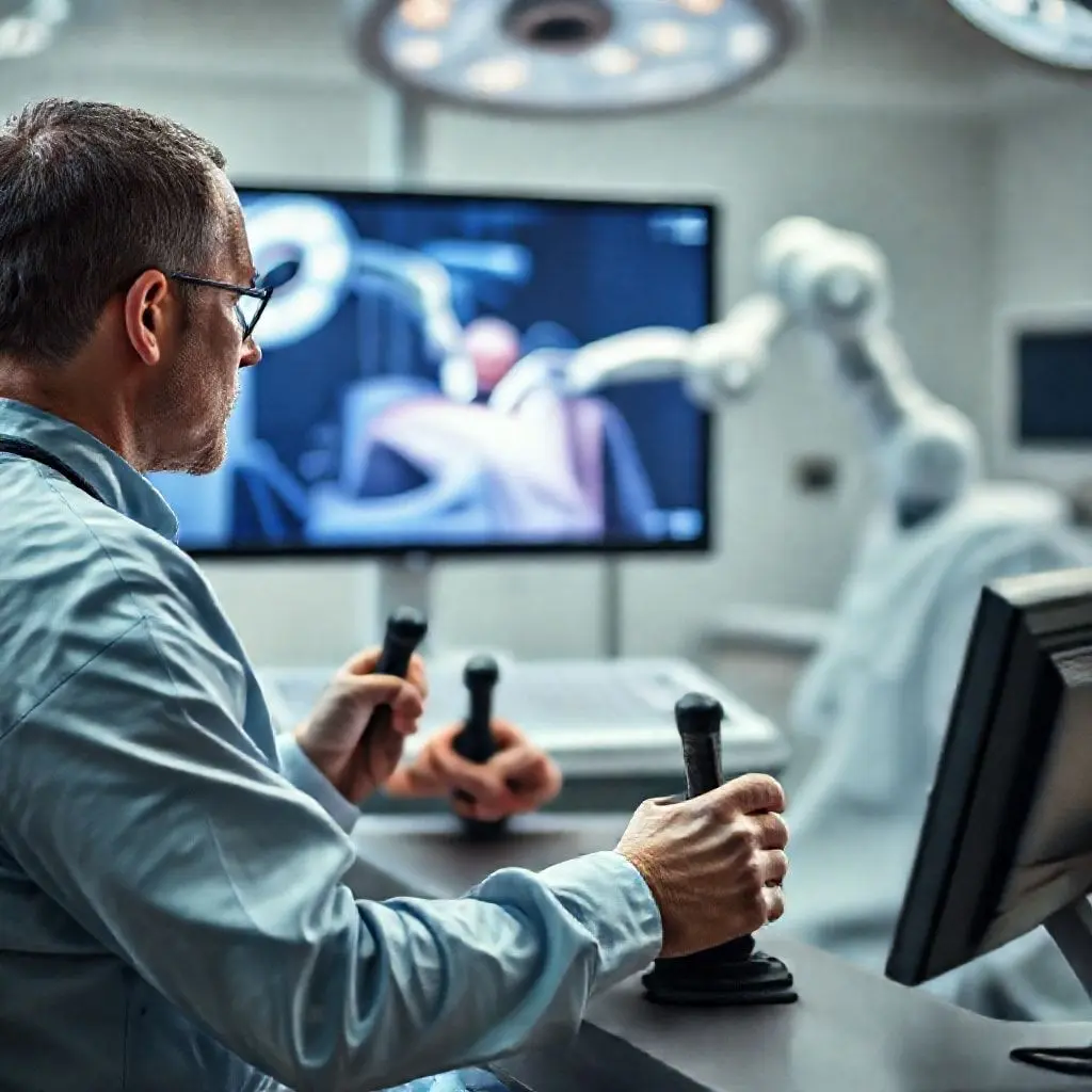A highly skilled surgeon sitting at a control console, intensely focused, manipulating joysticks while observing a high-definition 3D screen, with robotic arms delicately performing surgery on a patient in the background (blurred). The setting should be a modern operating room, sterile and high-tech, showcasing the human-machine interface.